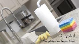  Presentation with sponges - Audience pleasing PPT layouts consisting of sponges paper towels gloves cloths backdrop and a  colored foreground