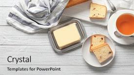  Presentation with slice of decorated cake - Colorful PPT layouts enhanced with spongy - plate with delicious sliced butter backdrop and a light gray colored foreground