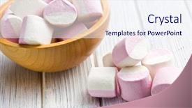  Presentation with sweet - Slide deck enhanced with spongy - sweet marshmallows on white table background and a  colored foreground