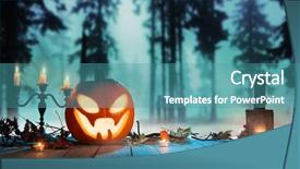  Presentation with scary forest - Slide set having spooky halloween pumpkin in forest background and a teal colored foreground