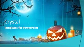  Presentation with scary forest - Presentation design featuring spooky halloween pumpkin in forest scary halloween background with free space for text background and a teal colored foreground