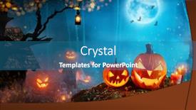  Presentation with scary forest - PPT theme having spooky halloween pumpkins in dark mistery forest scary halloween background with free space for text background and a teal colored foreground