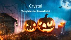  Presentation with scary forest - Cool new PPT theme with spooky halloween pumpkins in dark mistery forest scary halloween background with free space for text backdrop and a ocean colored foreground