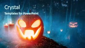 Presentation with scary forest - PPT theme having spooky halloween pumpkins in forest background and a ocean colored foreground