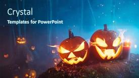  Presentation with scary forest - Colorful presentation design enhanced with spooky halloween pumpkins in forest scary halloween background with free space for text backdrop and a ocean colored foreground