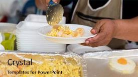  Presentation with market food - Audience pleasing theme consisting of spoon and wok at street backdrop and a yellow colored foreground