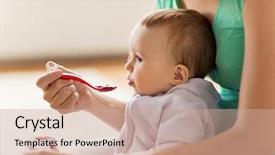  Presentation with baby food - Audience pleasing PPT theme consisting of spoon feeding little baby backdrop and a coral colored foreground