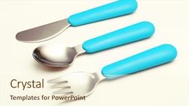  Presentation with baby congratulation boy blue - Colorful slide set enhanced with spoon fork knife - blue baby cutlery isolated backdrop and a cream colored foreground