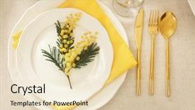  Presentation with table setting - Presentation featuring spoon fork knife - table setting with floral decor background and a lemonade colored foreground