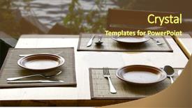  Presentation with tableware - Presentation enhanced with spoon fork knife - tableware served for mealtime background and a tawny brown colored foreground
