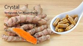  Presentation with curcumin - Colorful slide set enhanced with spoon of curcumin supplement capsules backdrop and a coral colored foreground