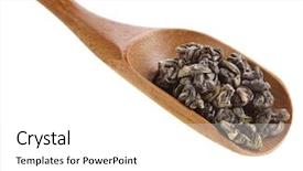  Presentation with tea leaves fresh green leaf - Theme with spoon with green leaf tea background and a  colored foreground