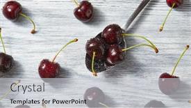  Presentation with water droplets - Presentation theme consisting of spoon with juicy ripe cherries in water droplets with berries on a gray wooden background background and a light gray colored foreground