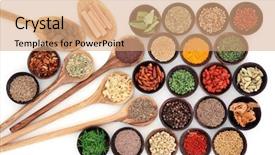  Presentation with herb - PPT theme enhanced with large herb and spice sampler in a selection of wooden bowls and spoons over white background background and a coral colored foreground