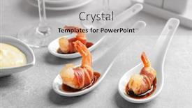  Presentation with shrimps - PPT theme enhanced with spoons with shrimps wrapped in bacon and sauce on table background and a light gray colored foreground