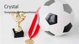  Presentation with football competition - Beautiful presentation theme featuring sport achievement championship competition and success concept - close up of football or soccer ball with golden medal and cup over white background backdrop and a light gray colored foreground