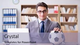  Presentation with football - Theme having sport bet - businessman with football ball background and a light blue colored foreground