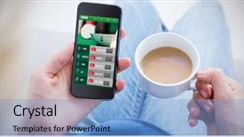  Presentation with woman sport - Slide set featuring sport bet - woman using her mobile phone background and a light blue colored foreground