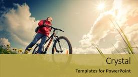  Presentation with bicycle - Slide deck with sport bike - young lady hiker with bicycle background and a yellow colored foreground