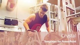  Presentation with bodybuilding - PPT theme with sport bodybuilding equipment and people concept - young man with barbell flexing muscles on t-bar row machine in gym background and a coral colored foreground