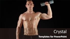  Presentation with flexing - Beautiful presentation theme featuring sport bodybuilding fitness and people concept - young man with dumbbells flexing muscles over black background backdrop and a tawny brown colored foreground