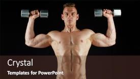  Presentation with flexing - Beautiful PPT theme featuring sport bodybuilding fitness and people concept - young man with dumbbells flexing muscles over black background backdrop and a tawny brown colored foreground