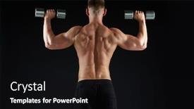  Presentation with flexing - Audience pleasing theme consisting of sport bodybuilding fitness and people concept - young man with dumbbells flexing muscles over black background from back backdrop and a black colored foreground