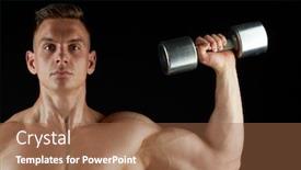  Presentation with flexing - Audience pleasing slide deck consisting of sport bodybuilding fitness and people concept - young man with dumbbells flexing muscles over black background backdrop and a coral colored foreground