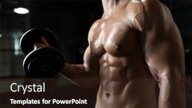  Presentation with bodybuilding - Slide set enhanced with sport bodybuilding fitness and people concept - close up of young man with dumbbells flexing muscles in gym background and a wine colored foreground