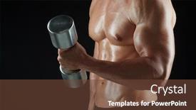 Presentation with flexing - Slides enhanced with sport bodybuilding fitness and people concept - close up of young man with dumbbells flexing muscles over black background background and a tawny brown colored foreground