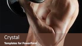  Presentation with flexing - Audience pleasing theme consisting of sport bodybuilding fitness and people concept - close up of young man with dumbbells flexing muscles over black background backdrop and a tawny brown colored foreground