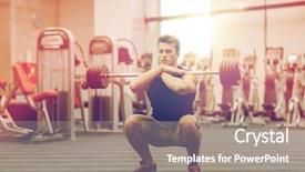  Presentation with bodybuilding - Slide deck consisting of sport bodybuilding lifestyle and people concept - young man with barbell doing squats in gym background and a gray colored foreground