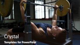  Presentation with flexing - Amazing PPT theme having sport bodybuilding lifestyle and people concept - young man with barbell flexing muscles in gym backdrop and a wine colored foreground