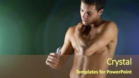  Presentation with gel medicine - Cool new presentation theme with sport bodybuilding medicine and people concept - young man applying pain relief gel on his shoulder over dark background backdrop and a tawny brown colored foreground