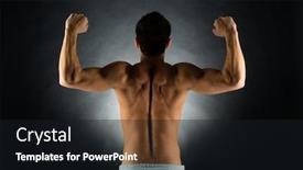  Presentation with flexing - Amazing slides having sport bodybuilding strength and people concept - young man standing over black background from back and flexing muscles backdrop and a wine colored foreground
