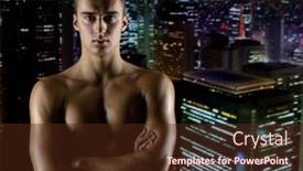  Presentation with bodybuilding - Beautiful presentation theme featuring sport bodybuilding strength and people concept - young man with bare muscular torso standing over night city background backdrop and a tawny brown colored foreground