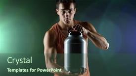  Presentation with bodybuilding - Colorful presentation theme enhanced with sport bodybuilding strength and people concept - young man standing holding jar with protein over dark background backdrop and a ocean colored foreground