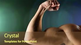  Presentation with bodybuilding - Audience pleasing presentation theme consisting of sport bodybuilding strength and people concept - close up of young man flexing and showing biceps over dark background backdrop and a tawny brown colored foreground