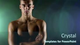  Presentation with bodybuilding - Beautiful presentation theme featuring sport bodybuilding strength and people concept - young man with bare muscular torso standing over dark background backdrop and a tawny brown colored foreground