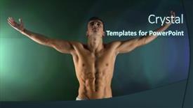  Presentation with bodybuilding - Colorful presentation theme enhanced with sport bodybuilding strength and people concept - young man standing with raised hands over dark background backdrop and a wine colored foreground