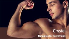  Presentation with bodybuilding - Cool new slide set with sport bodybuilding strength and people concept - close up of young man showing biceps over black background backdrop and a tawny brown colored foreground