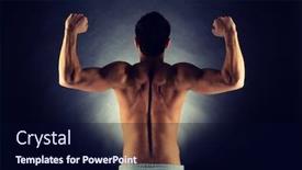  Presentation with bodybuilding - Presentation design featuring sport bodybuilding strength and people concept - young man standing over black background from back and flexing muscles background and a navy blue colored foreground
