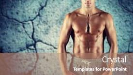  Presentation with bodybuilding - Slide deck featuring sport bodybuilding strength and people concept - young man with bare muscular torso standing over concrete wall background background and a coral colored foreground