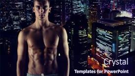  Presentation with bodybuilding - Slide deck featuring sport bodybuilding strength and people concept - young man with bare muscular torso standing over night city background background and a wine colored foreground
