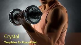  Presentation with bodybuilding - PPT theme consisting of sport bodybuilding training and people concept - close up of young man with dumbbell flexing muscles over gray background background and a tawny brown colored foreground