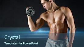  Presentation with bodybuilding - Beautiful presentation theme featuring sport bodybuilding training and people concept - young man with dumbbell flexing biceps over dark background backdrop and a ocean colored foreground