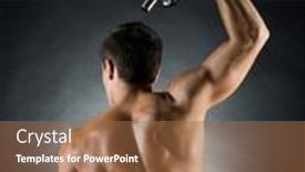  Presentation with flexing - Beautiful presentation theme featuring sport bodybuilding training and people concept - young man with dumbbell flexing muscles over gray background backdrop and a tawny brown colored foreground