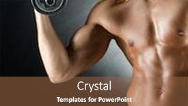  Presentation with flexing - Presentation design with sport bodybuilding training and people concept - young man with dumbbell flexing muscles over gray background background and a coral colored foreground