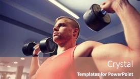  Presentation with weightlifting - PPT theme having sport bodybuilding weightlifting lifestyle and people concept - young man with dumbbells flexing muscles in gym background and a coral colored foreground