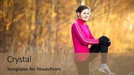  Presentation with crime woman on the run - Theme consisting of sport city - young woman stretching before her background and a coral colored foreground